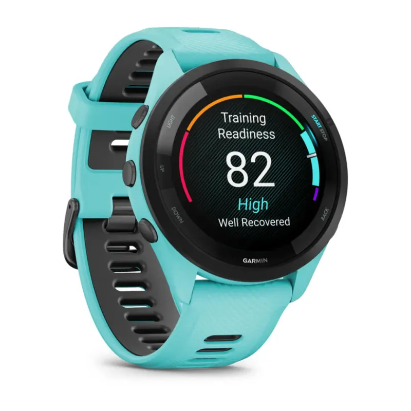 Garmin Forerunner 265 Black Bezel with Aqua Case and Aqua/Black Silicone Band